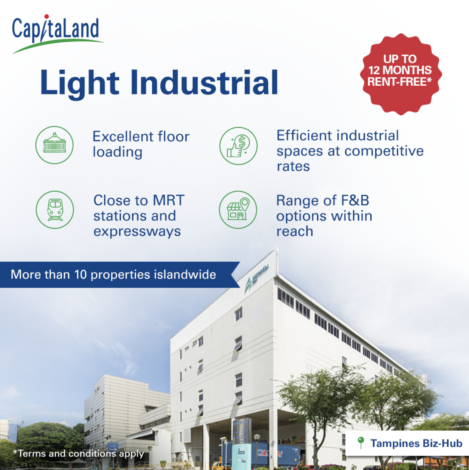 Promotional image for CapitaLand Light Industrial: six green icons with benefit text (Excellent floor loading; Efficient industrial spaces at competitive rates; Close to MRT stations and expressways; Range of F&B options within reach), plus a red badge reading 'Up to 12 months rent-free' and a building photo at the bottom.