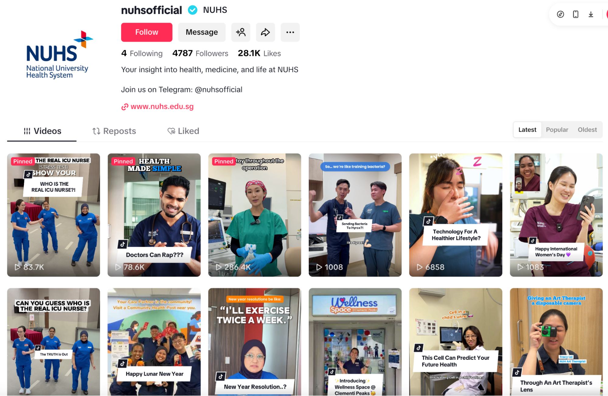 NUHS National University Health System TikTok profile header with logo, follow button, and video thumbnails in a grid layout.